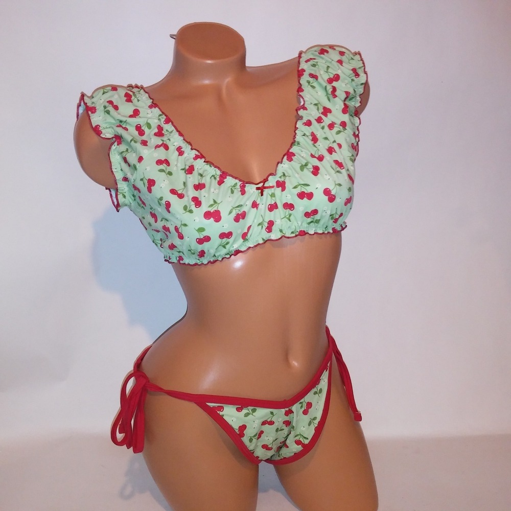 Victoria Secret PINK Swim Bikini Large Top & Bottom Red Green Cherries Retro New